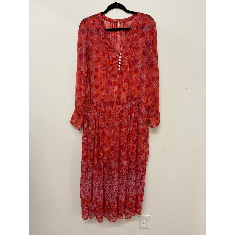 Free People Red Floral Maxi Dress Long Sleeve Oversized Boho Slip Included S